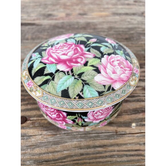 Vintage 1980s Lefton Pink Black Rose Porcelain Trinket box Round - Picture 2 of 10